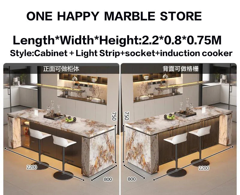 Luxury Marble Kitchen Island Dining Table, Custom Modern Bar Countertop, High-End Open Kitchen Design, Integrated Home Furniture