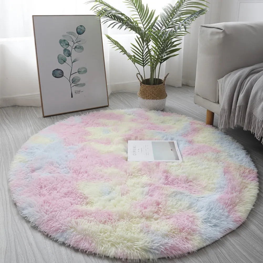 40/60/80cm Small Round Shaggy Rug Soft Anti-Skid Mat Living Room Bedroom Carpet Home Decor Winter Colorful Tie Dye Print Rugs