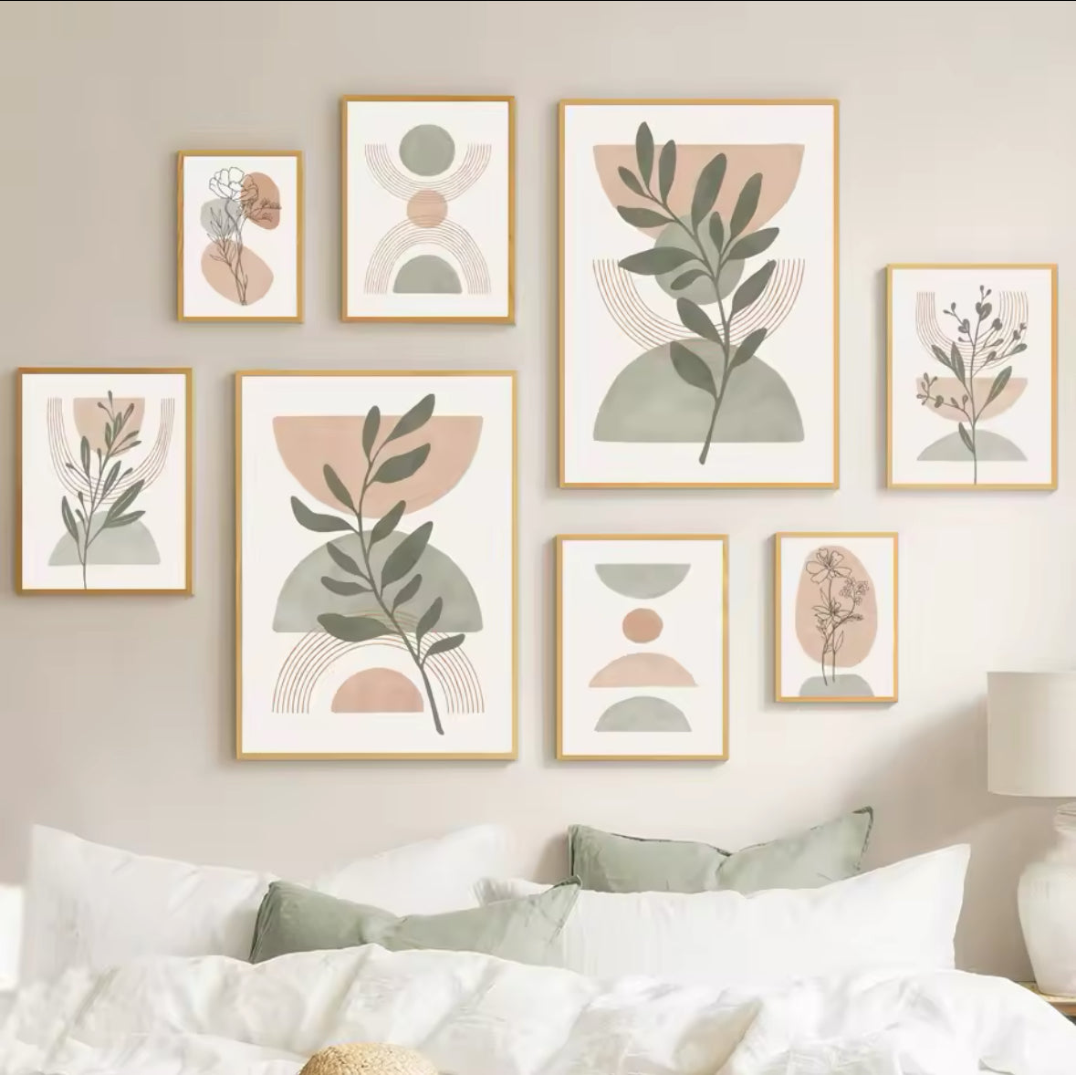 Boho Green Leaf Sun Rainbow Geometry Wall Art Canvas Painting Abstract Lines Posters And Prints Pictures For Living Room Decor