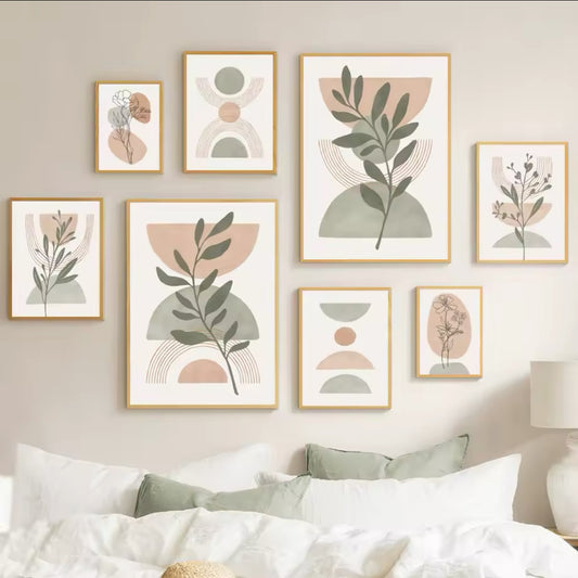 Boho Green Leaf Sun Rainbow Geometry Wall Art Canvas Painting Abstract Lines Posters And Prints Pictures For Living Room Decor