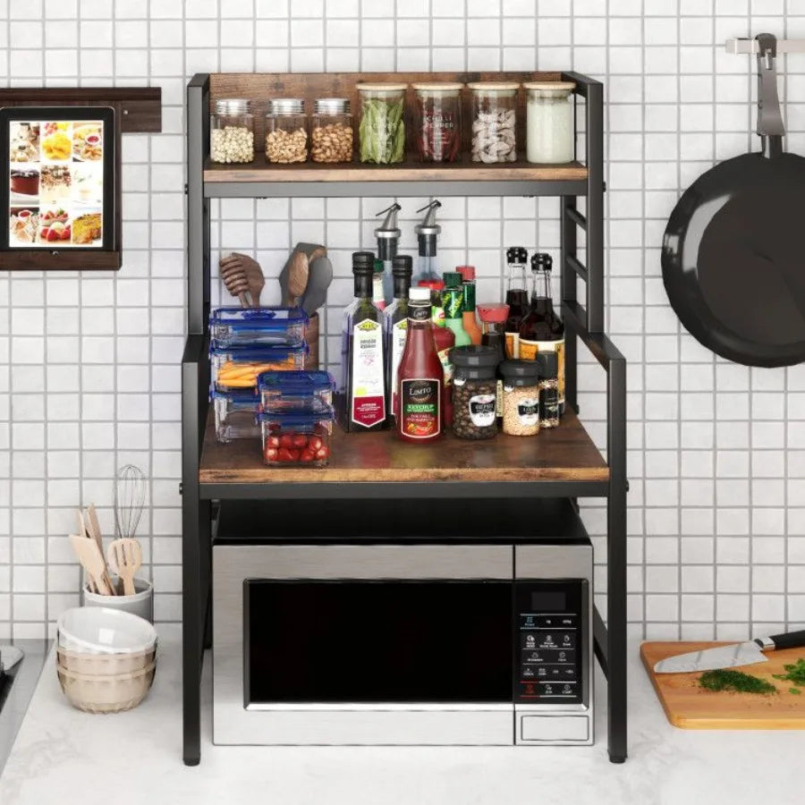 3Tier Microwave Stand with 2 Open Shelves and Heavyduty Metal Frame