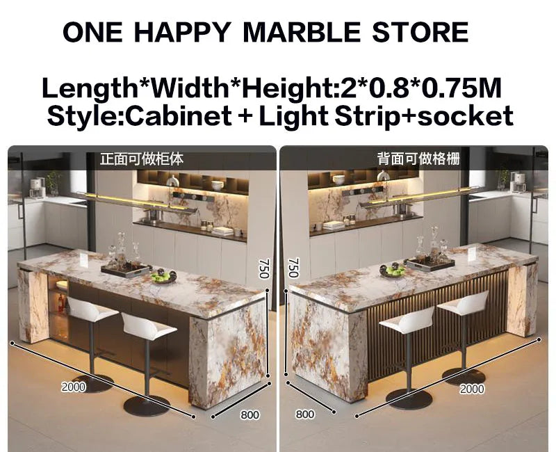 Luxury Marble Kitchen Island Dining Table, Custom Modern Bar Countertop, High-End Open Kitchen Design, Integrated Home Furniture