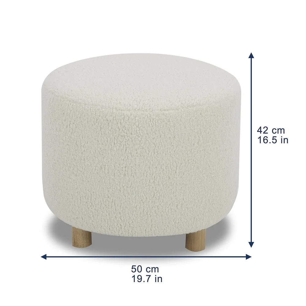 Modern Round Ottoman Faux Sherpa Soft Plush Indoor Furniture Solid Hardwood Legs Easy Assembly High Density Foam Comfortable