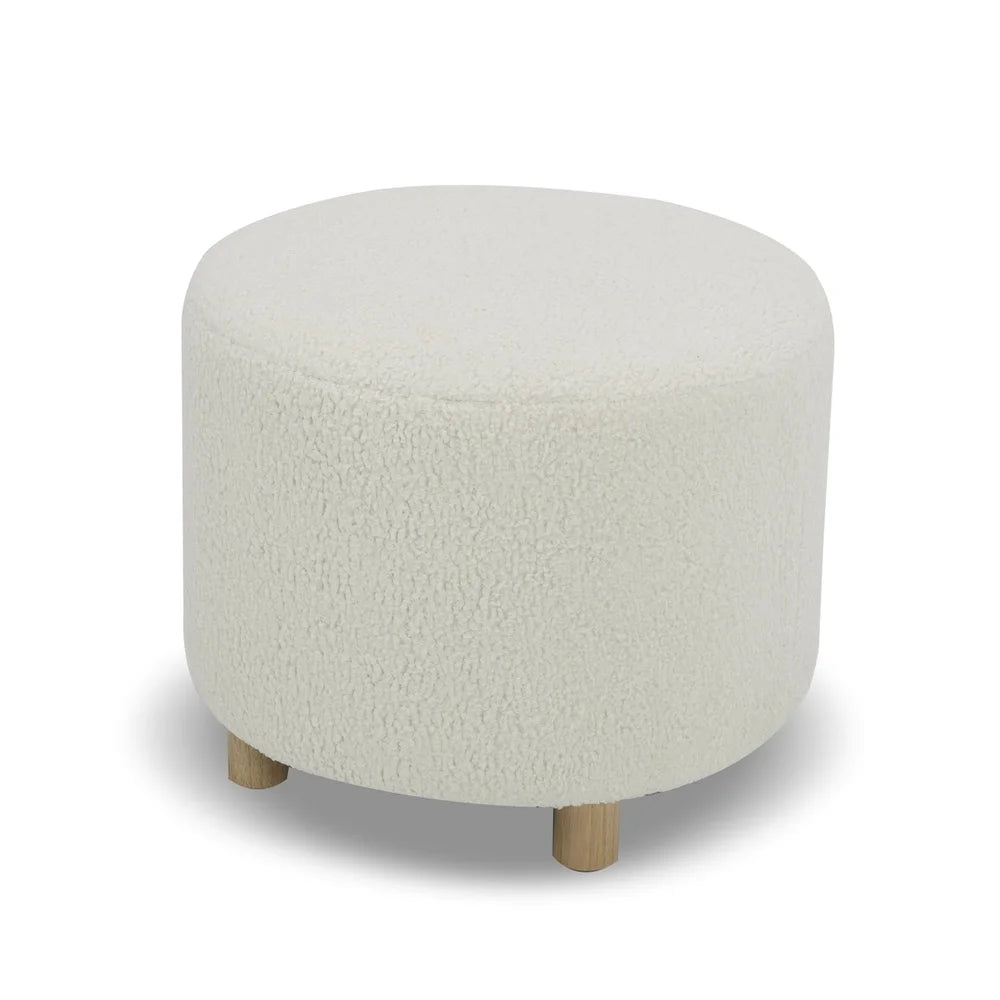 Modern Round Ottoman Faux Sherpa Soft Plush Indoor Furniture Solid Hardwood Legs Easy Assembly High Density Foam Comfortable