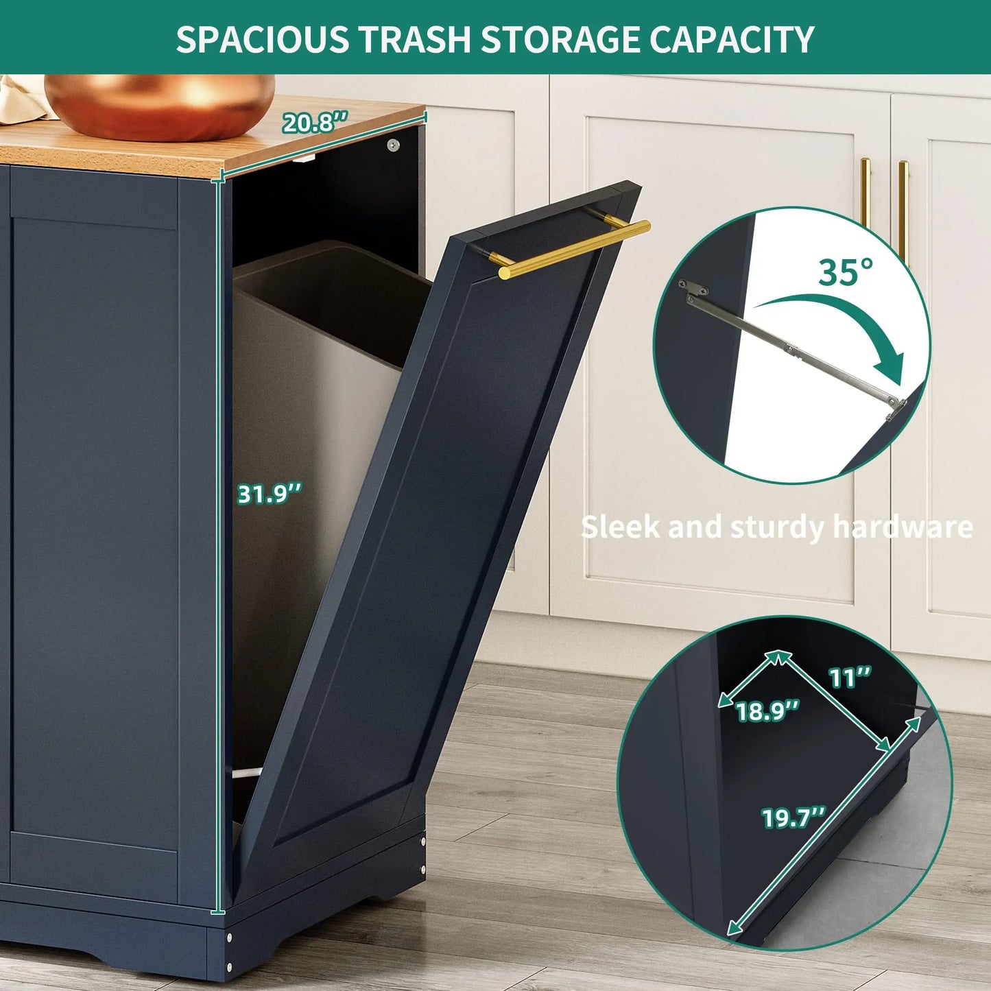 53 Inch Large Rolling Kitchen Island with Trash Can Storage,Portable Mobile Islands Table Floating Movable for 13 Gallon Bin
