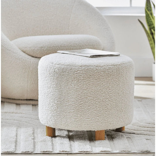 Modern Round Ottoman Faux Sherpa Soft Plush Indoor Furniture Solid Hardwood Legs Easy Assembly High Density Foam Comfortable