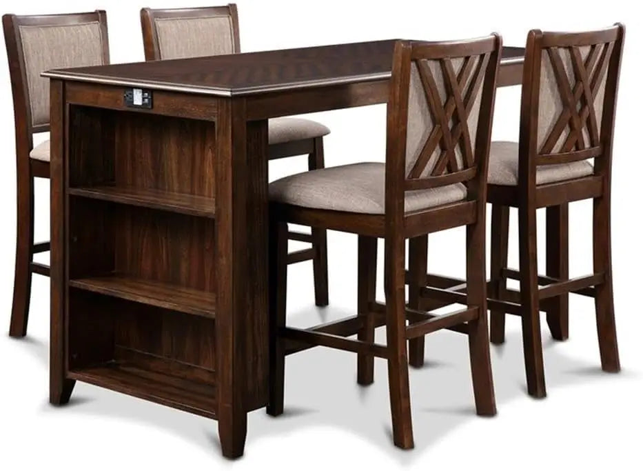 Farmhouse Kitchen Counter Island Dining Table for 4 with Storage Shelf & USB Chargers