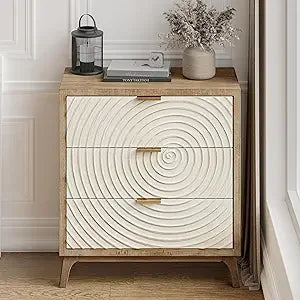 Farmhouse 3 Drawer Dresser with Handcrafted Wood Ring Motif, White Nightstand for Bedroom, Rustic & Natural, Fully Assembled, Bo