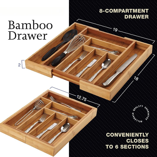 Expandable Bamboo Drawer Organizer - Large Kitchen Utensil Holder for Cutlery, Silverware, Flatware Storage