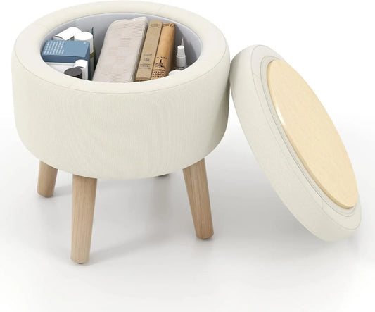 Storage Ottoman Foot Rest - Round Ottoman Coffee Table Top Cover, Wood Legs, Adjustable Foot Pads, Modern Padded Vanity Stool