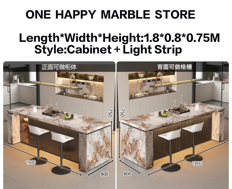 Luxury Marble Kitchen Island Dining Table, Custom Modern Bar Countertop, High-End Open Kitchen Design, Integrated Home Furniture