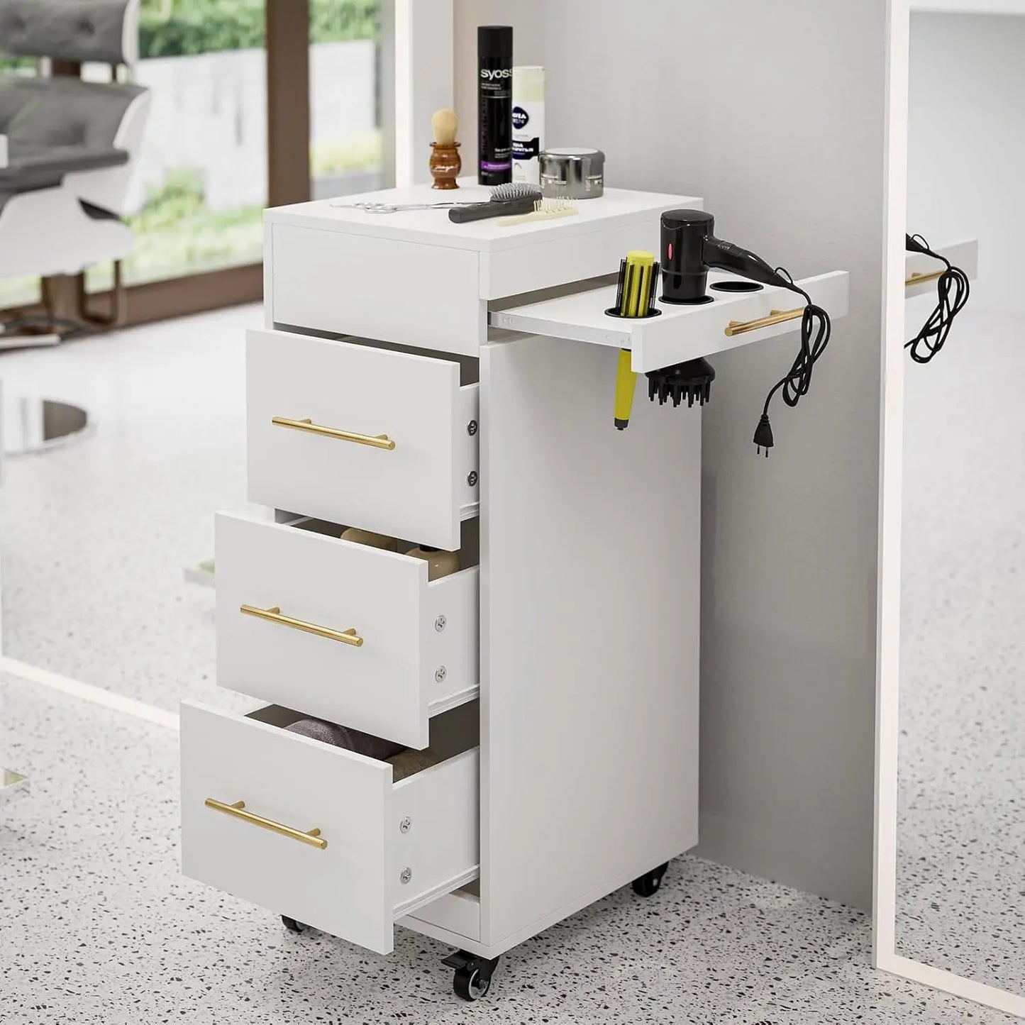 Salon Trolley, Rolling Hair Cart with 3 Dryer Holders for Hair Stylist, Makeup Organizer Stations Cabinet for Beauty Barbershop