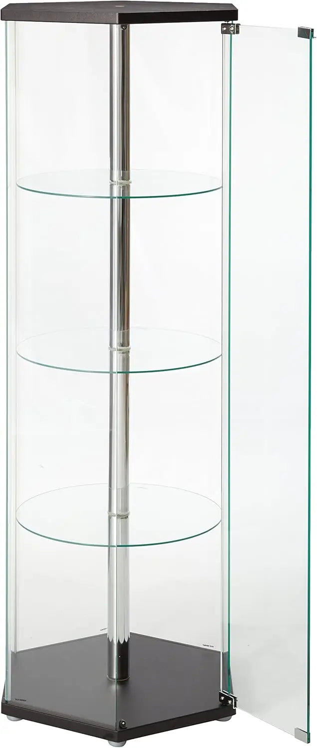 Coaster Hexagon Curio Cabinet: 3 Round Shelves, Glass, 24"D x 24"W x 63.5"H, Black, Traditional Design