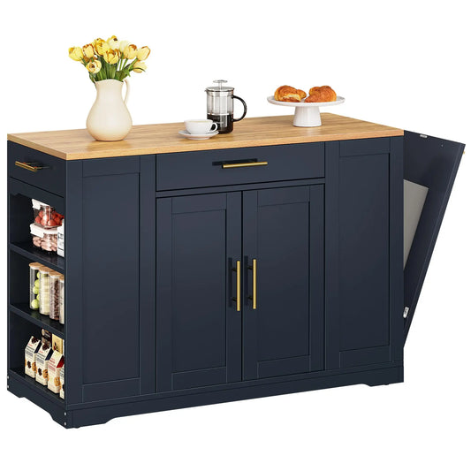 53 Inch Large Rolling Kitchen Island with Trash Can Storage,Portable Mobile Islands Table Floating Movable for 13 Gallon Bin