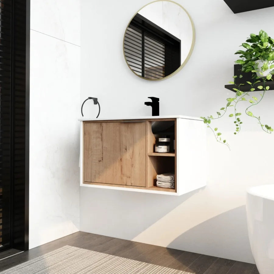 30'' Floating WallMounted Bathroom Vanity with Ceramics Sink SoftClose Cabinet Door