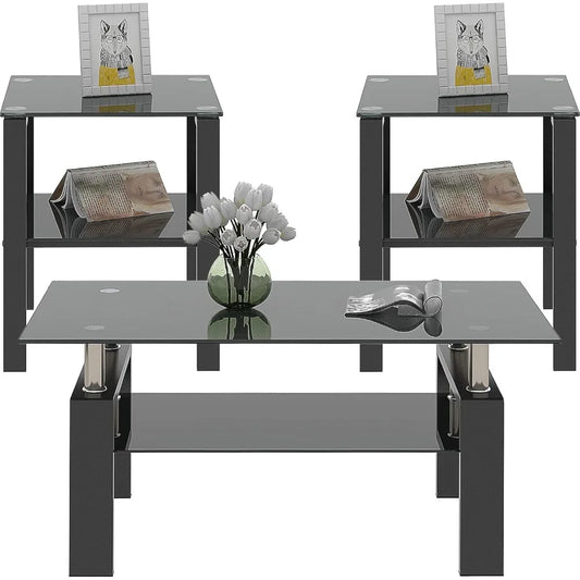 All Black Glass Coffee Table Set of 3 Piece, Living Room  Set of 3 Pcs, Black Glass Coffee  and End  Sets