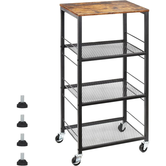 Heavy-Duty 4-Tier Wooden Kitchen Cart with Wheels | Microwave Stand & Bar Storage Trolley for Bedroom/Bathroom/Office
