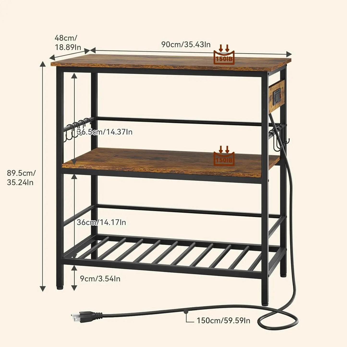 Kitchen Island With Storage, Bakers Ra With Power Outlet,Microwave Stand With Large Worktop,Rolling Bar Cart For Home, Outdoor,
