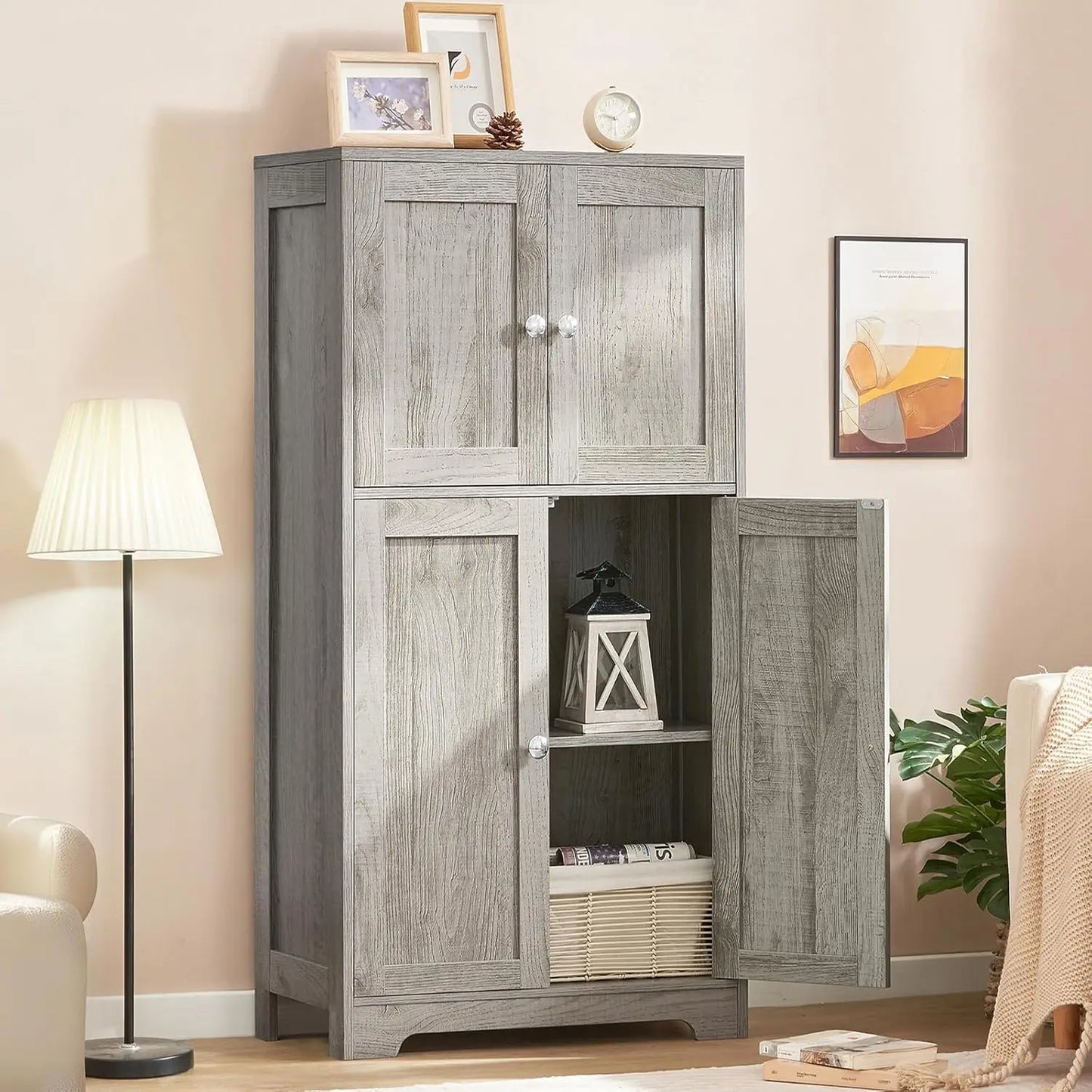 Storage Cabinet Bathroom Cabinet with 4 Doors 2 Adjustable Shelves 6 Adjustable Heights Cupboard for Living Room Entryway Home O