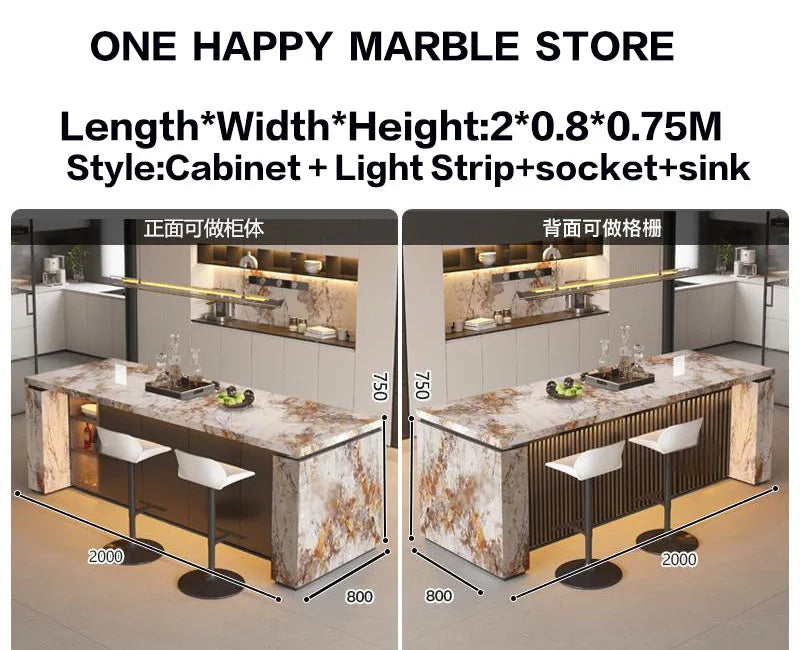 Luxury Marble Kitchen Island Dining Table, Custom Modern Bar Countertop, High-End Open Kitchen Design, Integrated Home Furniture