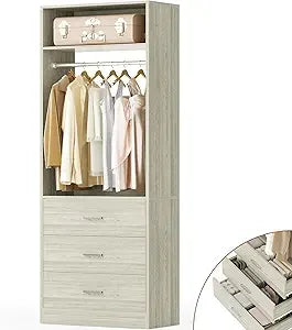 Freestanding 2FT Closet System with 3 Wood Drawers, 24" Closet Organizer System with Hanging Rod & Shelves, Walk-in Closet Syste
