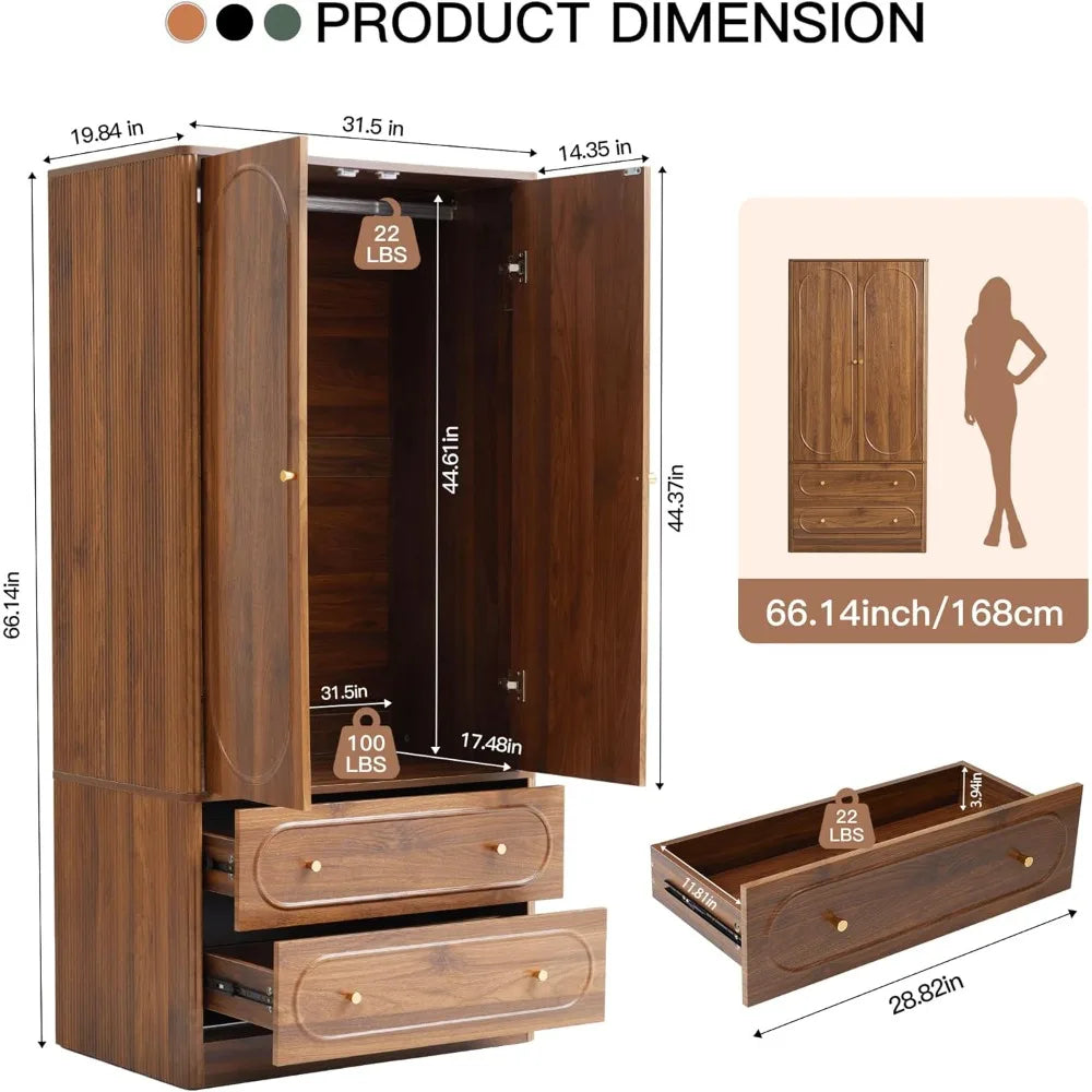 Fluted Freestanding Armoire Wardrobe Closet with 2 Doors and 2 Storage Drawers, Large Capacity Wardrobe Cabinet