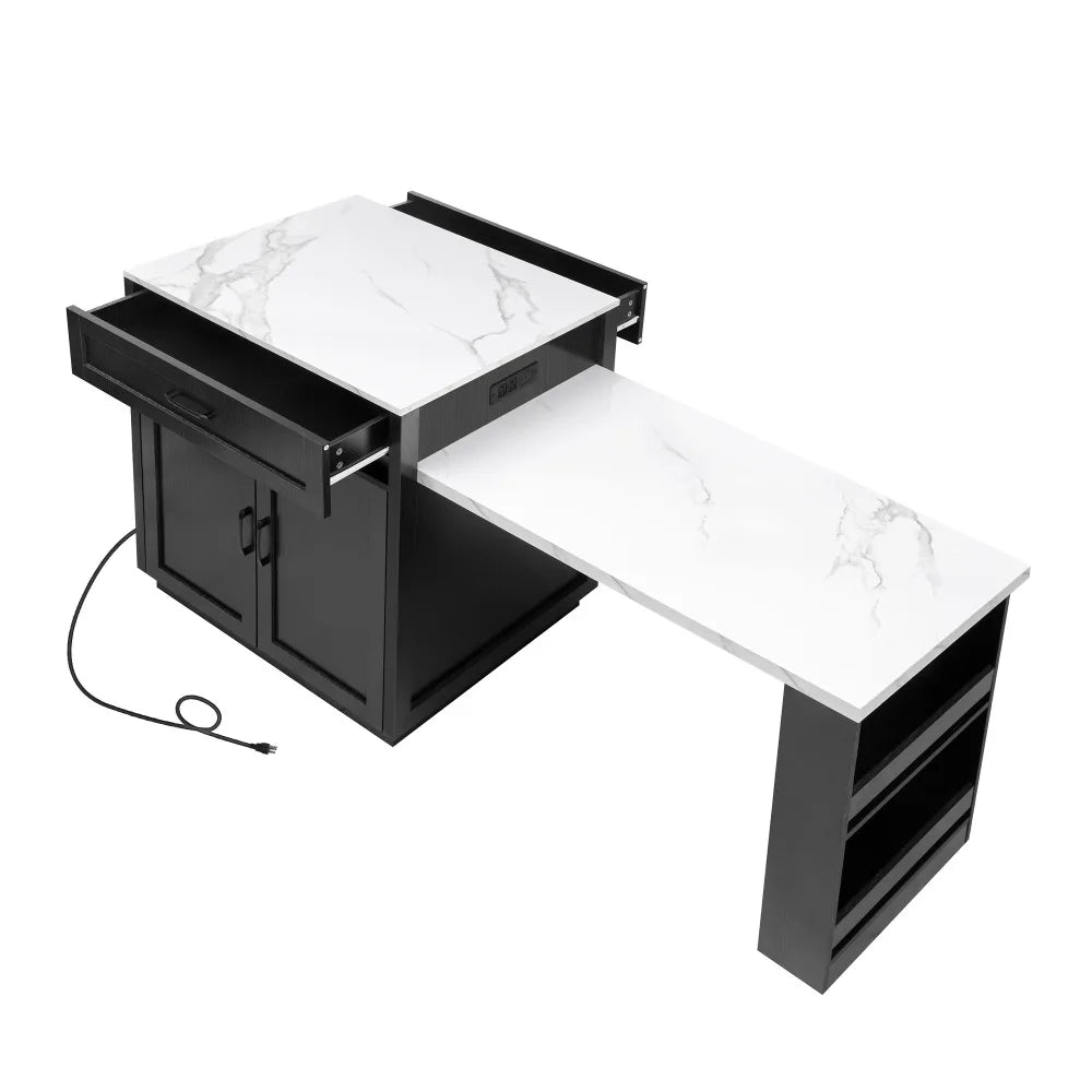 82.7 inch Kitchen Island with Extendable Dining Table for 4-6 Person,Faux Mable Kitchen Table with Double-sized Storage,Power