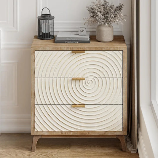 Farmhouse 3 Drawer Dresser with Handcrafted Wood Ring Motif, White Nightstand for Bedroom, Rustic & Natural, Fully Assembled, Bo