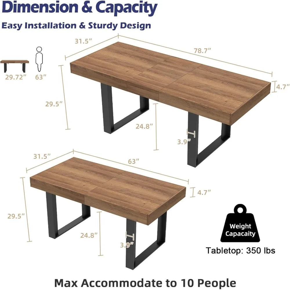 Dining-table, 63”-79” Extendable Dining Room Table, Modern Farmhouse Wooden Kitchen Table, Long Expandable Dining Table