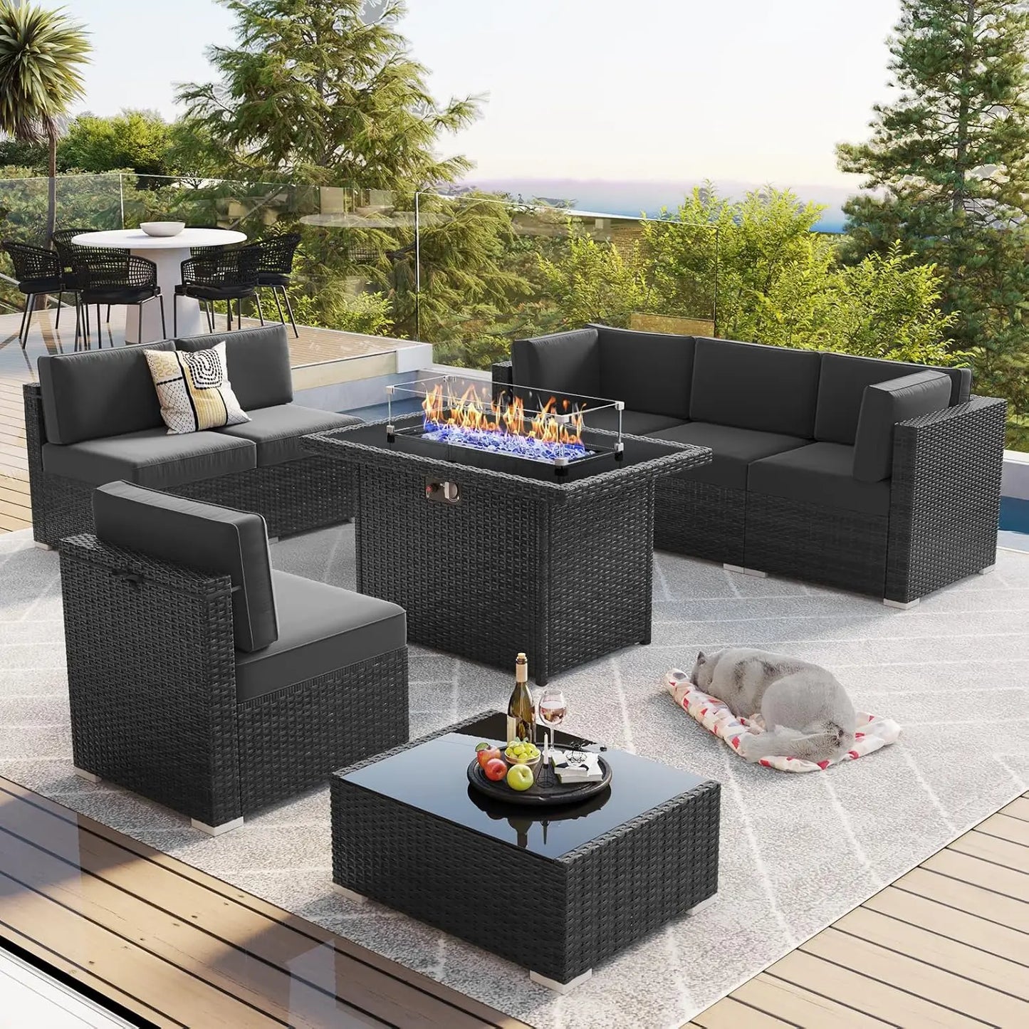 15 Piece Patio Furniture Set with Fire Pit Table, Outdoor Conversation Sets Wicker Rattan Sectional Sofa with Coffee Table