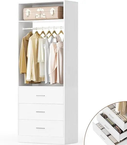 Freestanding 2FT Closet System with 3 Wood Drawers, 24" Closet Organizer System with Hanging Rod & Shelves, Walk-in Closet Syste