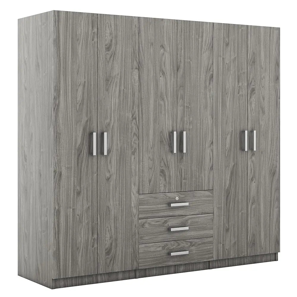 6 Door Armoire Wardrobe Closet With Big 3 Drawers, Wooden Freestanding Bathroom Armoire Cabinet With Shelves And Hanging Rod,