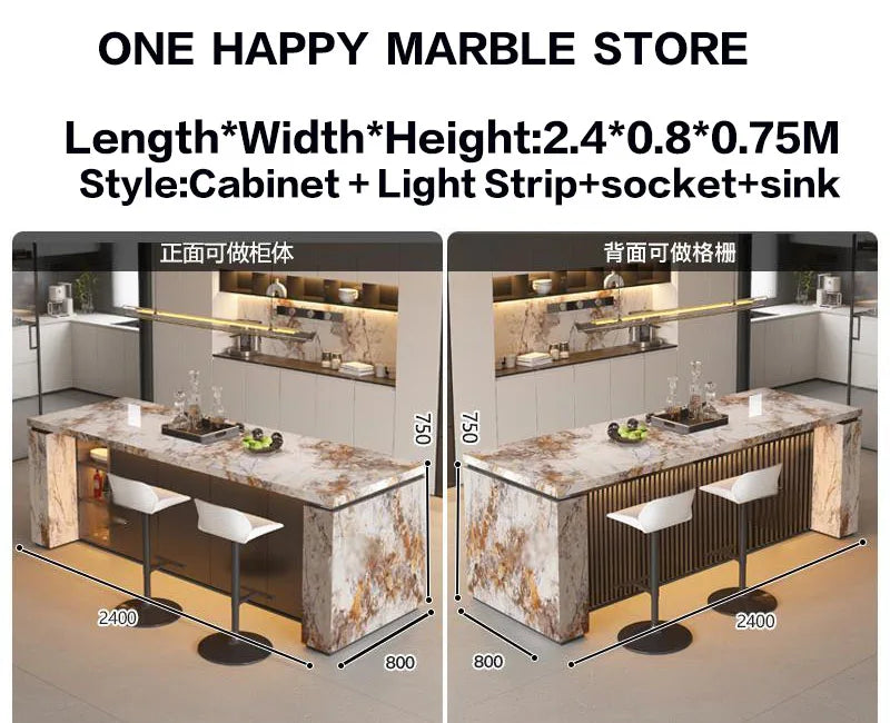 Luxury Marble Kitchen Island Dining Table, Custom Modern Bar Countertop, High-End Open Kitchen Design, Integrated Home Furniture