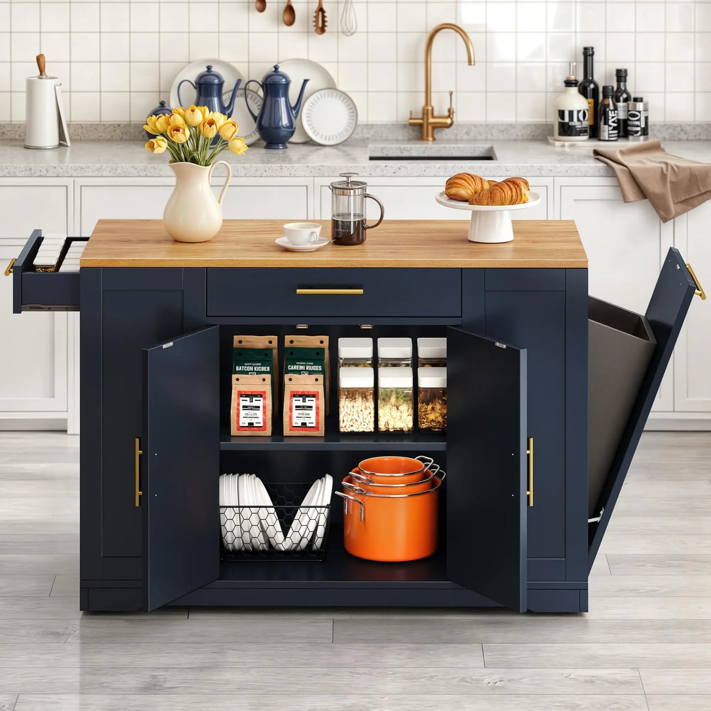 53 Inch Large Rolling Kitchen Island with Trash Can Storage,Portable Mobile Islands Table Floating Movable for 13 Gallon Bin