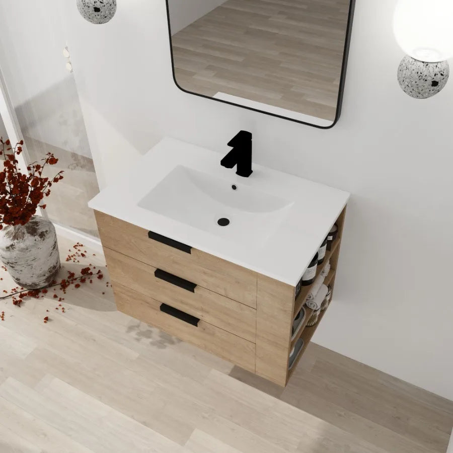 30 Inch Wall Mounting Bathroomg Vanity With Sink Soft Close Drawer and Side ShelfGBVB01430IMOGRB3020MOWH