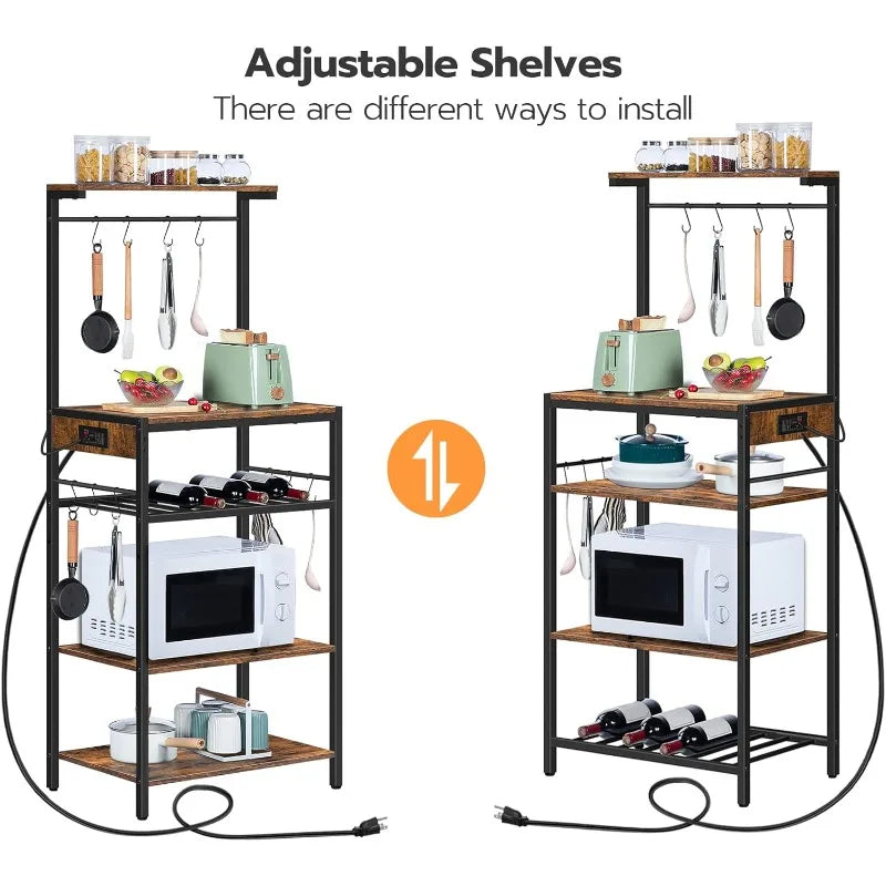 Kitchen Bakers Rack with Power Outlet, 5-Tier Coffee Bar with Adjustable Wine Rack, Microwave Stand with 10 S-Shaped Hooks,