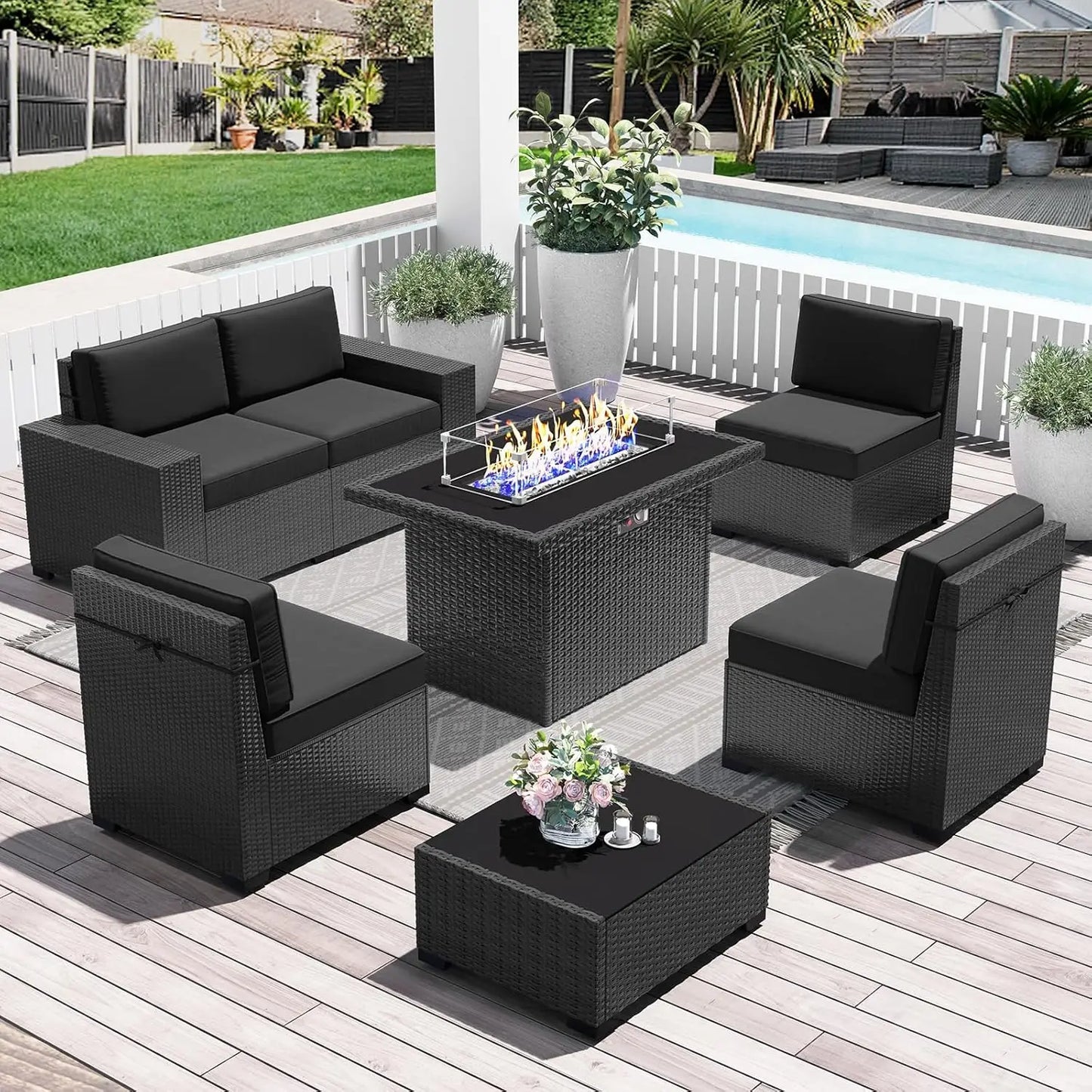 15 Piece Patio Furniture Set with Fire Pit Table, Outdoor Conversation Sets Wicker Rattan Sectional Sofa with Coffee Table
