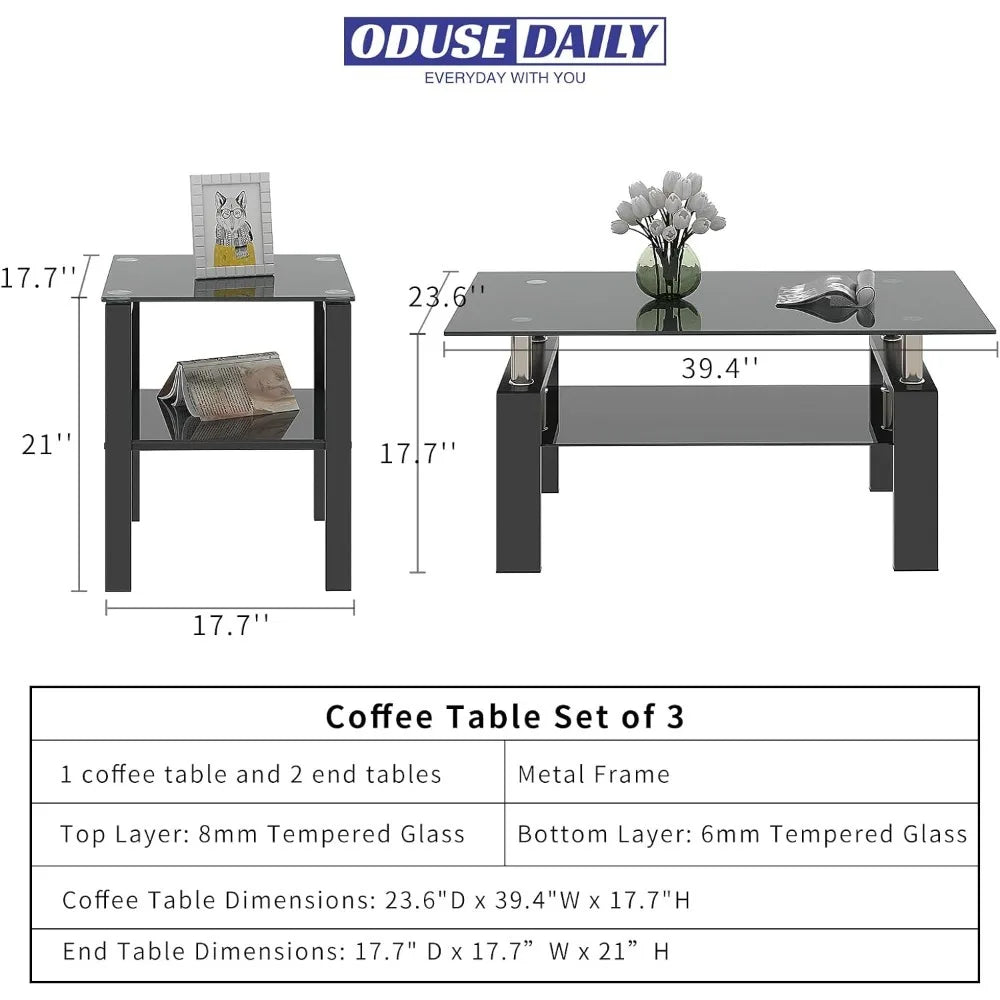 All Black Glass Coffee Table Set of 3 Piece, Living Room  Set of 3 Pcs, Black Glass Coffee  and End  Sets