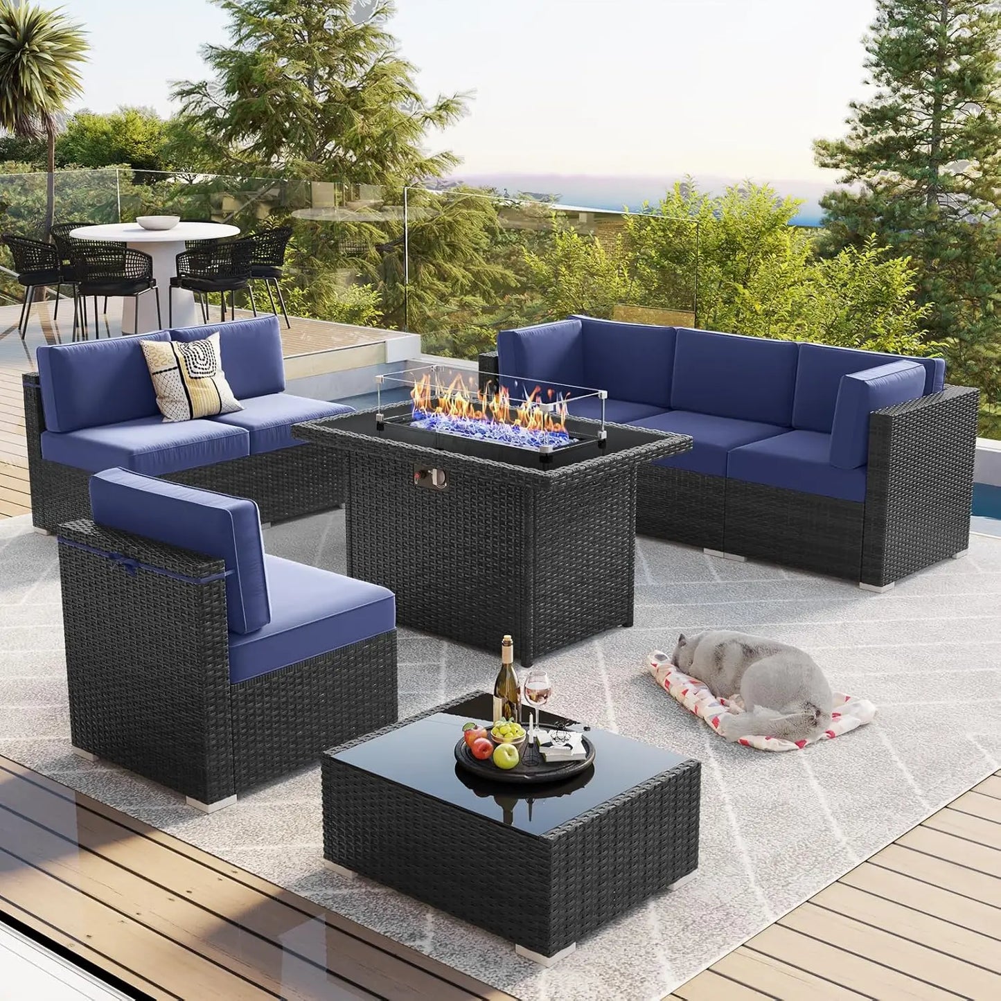 15 Piece Patio Furniture Set with Fire Pit Table, Outdoor Conversation Sets Wicker Rattan Sectional Sofa with Coffee Table