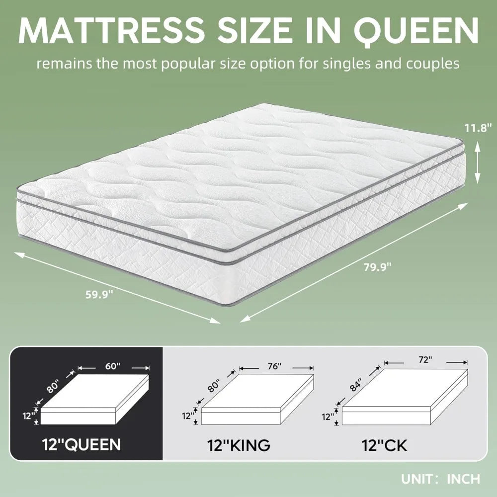 12 Inch Queen Hybrid Mattress with Memory Foam & Pocket Spring,CertiPUR-US Certified Convenient Mattress in a Box Fiberglass Fr