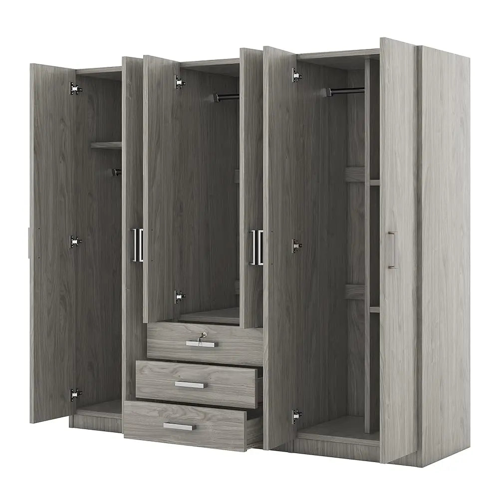 6 Door Armoire Wardrobe Closet With Big 3 Drawers, Wooden Freestanding Bathroom Armoire Cabinet With Shelves And Hanging Rod,