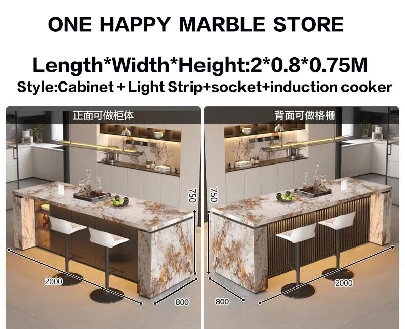 Luxury Marble Kitchen Island Dining Table, Custom Modern Bar Countertop, High-End Open Kitchen Design, Integrated Home Furniture