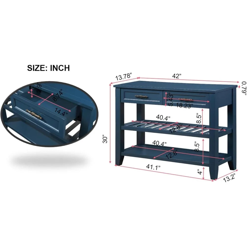 Solid Wood Console Table Entryway Table with Storage Drawers and Shelves Sofa Table for Entry Hallway Foyer(42" Navy Blue)