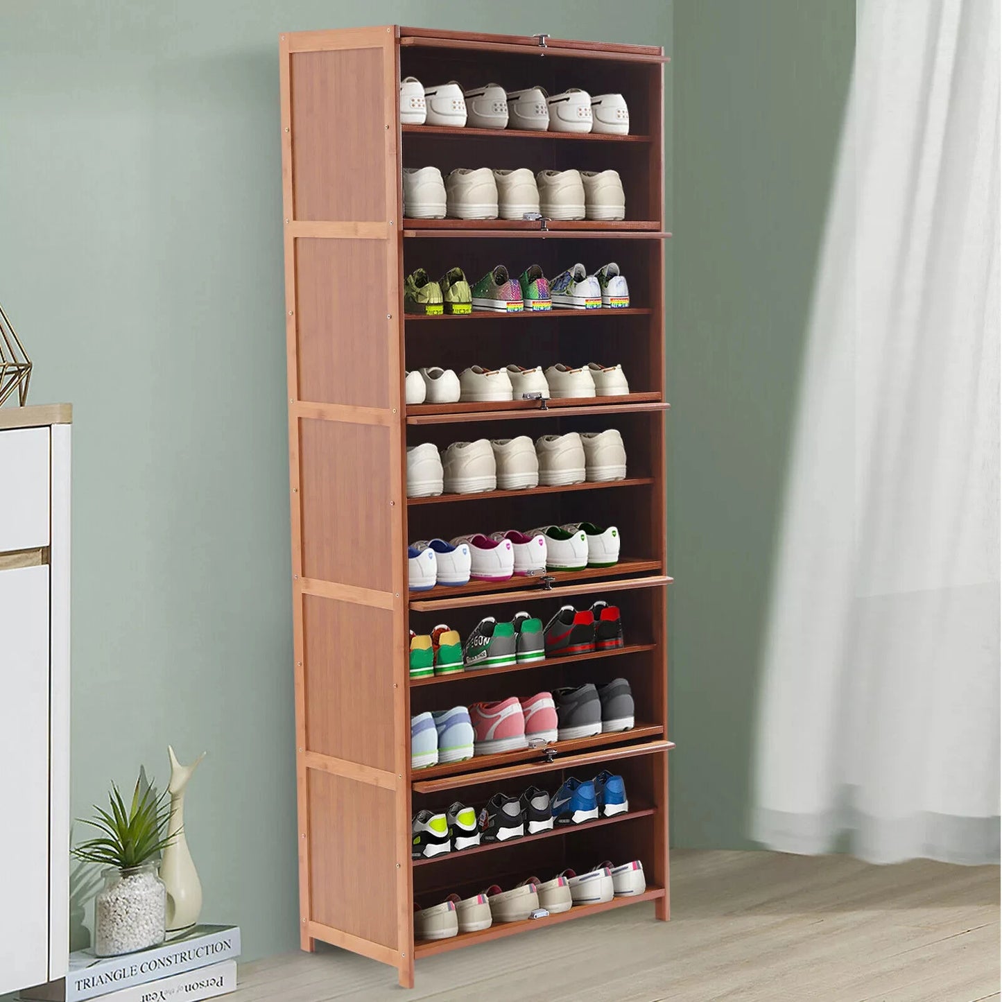 10-Tier Bamboo Shoe Rack Cabinet, Wood Shelf Stand Storage & Book Shelf Organizer