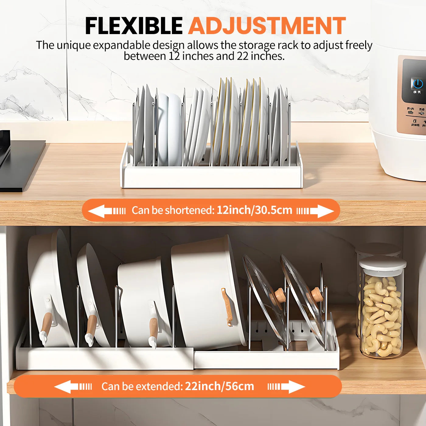Expandable Utensil Storage Rack, Extendable Pot and Pan Organizer for Kitchen Cabinets, with 12 Adjustable Shelves, White