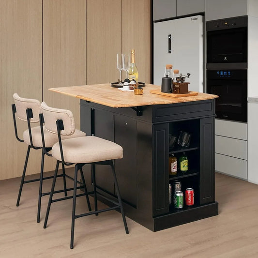 Kitchen island with rubber wood countertop, 2 drawers, 5 adjustable shelves and spice rack, kitchen home coffee bar island table