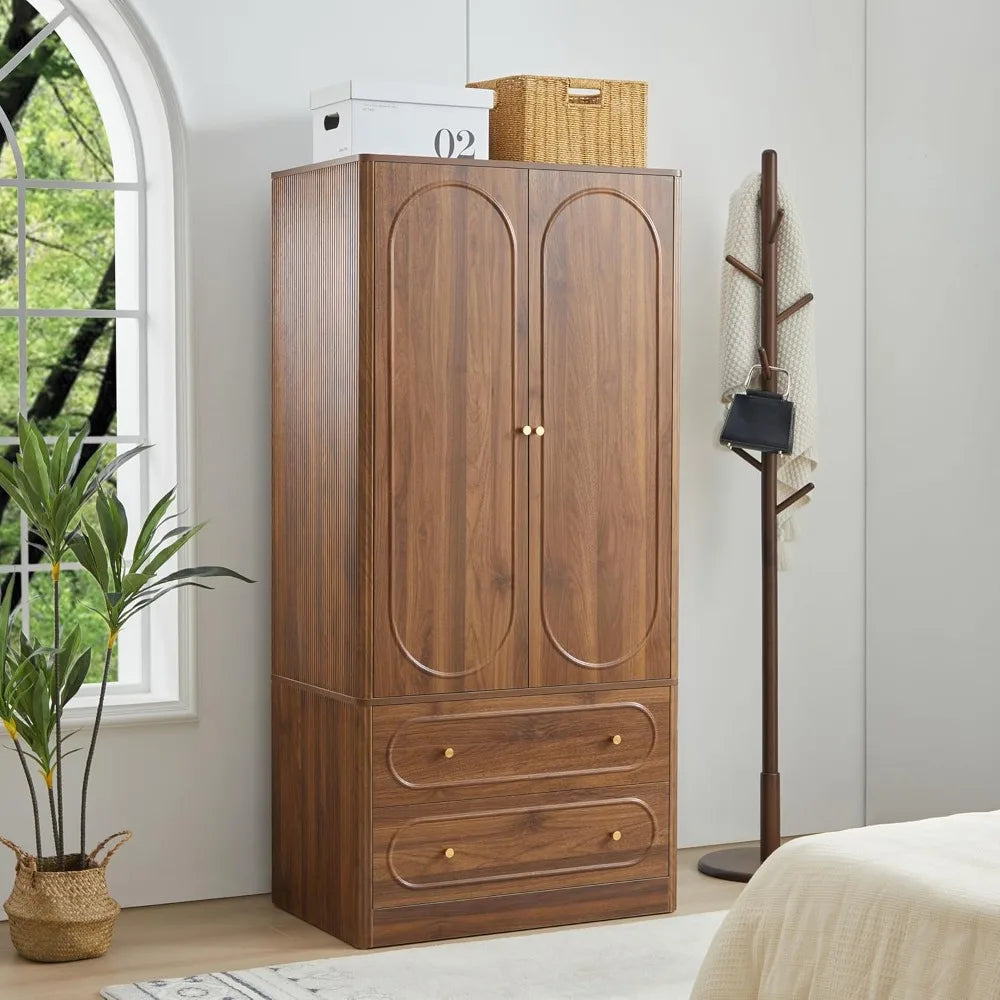 Fluted Freestanding Armoire Wardrobe Closet with 2 Doors and 2 Storage Drawers, Large Capacity Wardrobe Cabinet