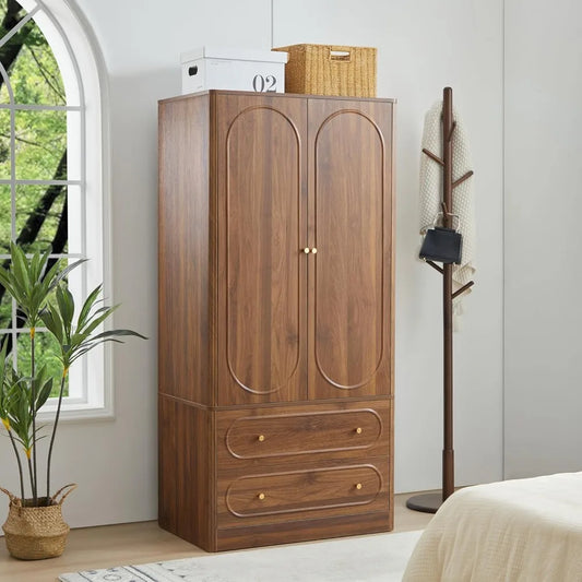 Fluted Freestanding Armoire Wardrobe Closet with 2 Doors and 2 Storage Drawers, Large Capacity Wardrobe Cabinet