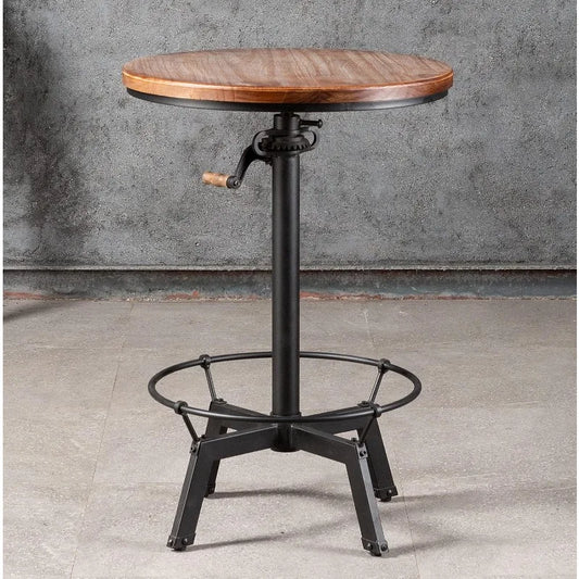 33.5-39.4 Inch Tall Industrial Bar Table-Adjustable Bar Height Bistro Whiskey Pub Table-23.7" Dia Swivel Round Wood Top Metal