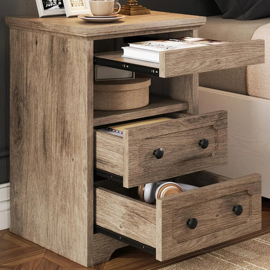 Night Stand, Modern Bedside Table with 3 Drawers, Open Shelf, End Table with Pull-Out Tray, Wood SideTable, Grey Oak
